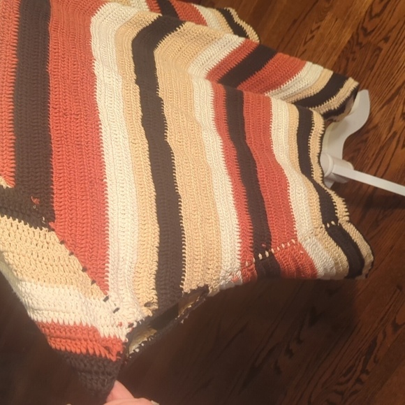 Crochet Long Poncho Multi Color Striped brown/cream/rust Hippie Festival OS - Picture 8 of 12